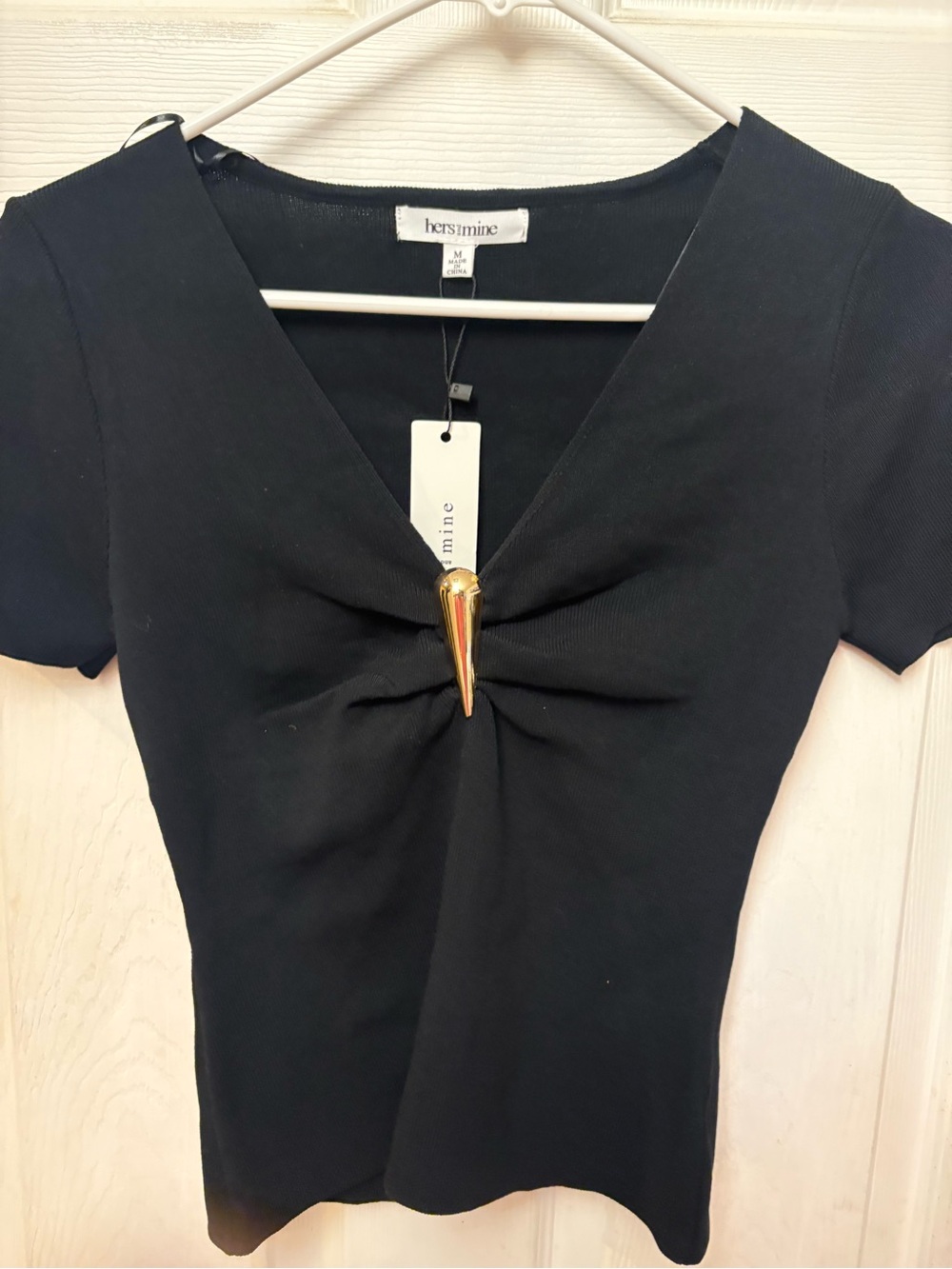mine Black Short-Sleeve V-Neck Top with Gold Point Accent